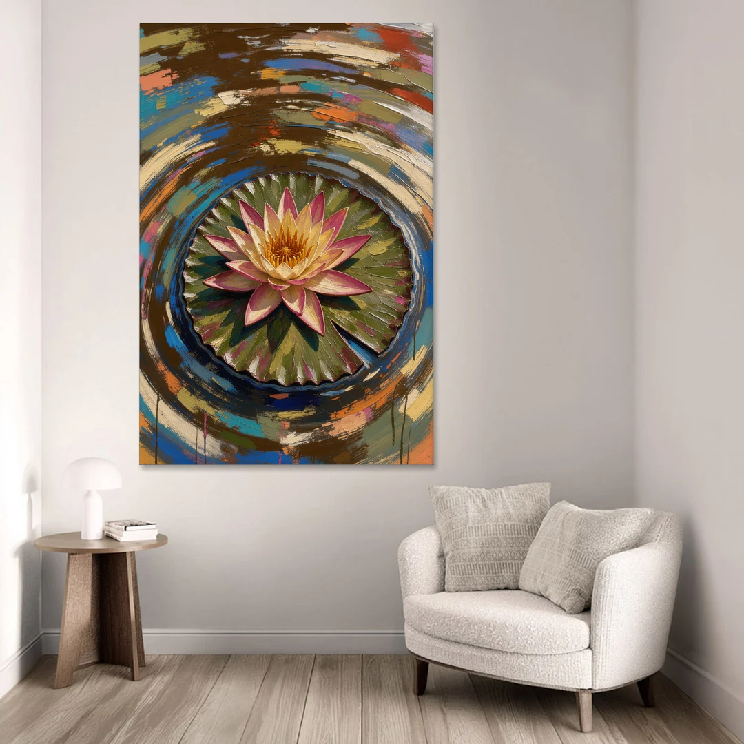 Retro Water Lily in Ripple Rings for the Bathroom - Canvas Wall Art - Sofa - 40x60