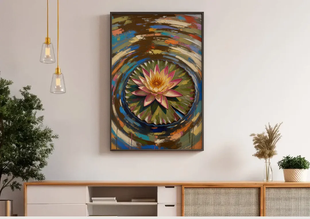 Retro Water Lily in Ripple Rings for the Bathroom canvas wall art above a wooden sideboard under pendant lights