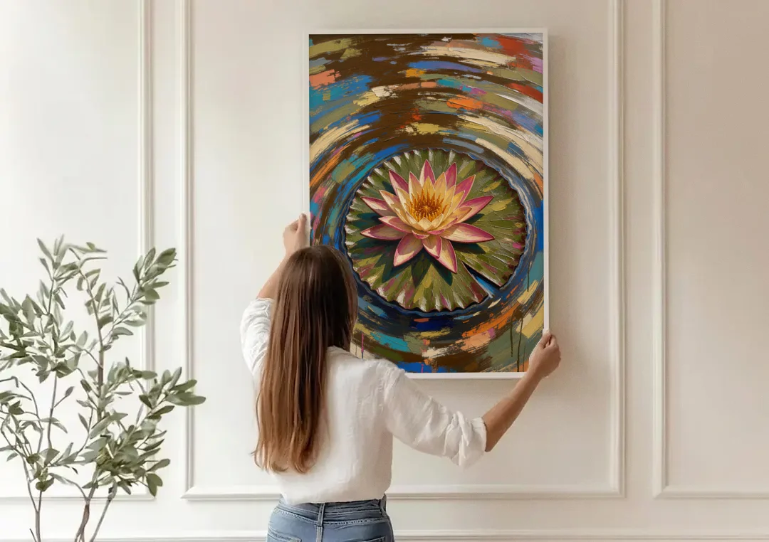 Retro Water Lily in Ripple Rings for the Bathroom canvas wall art being hung on a paneled wall