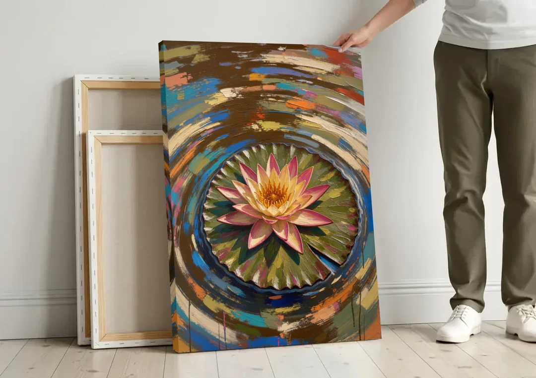 Retro Water Lily in Ripple Rings for the Bathroom canvas wall art leaning against a wall next to blank canvases