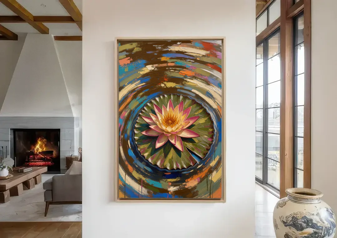 Retro Water Lily in Ripple Rings for the Bathroom canvas wall art in a living room with a fireplace