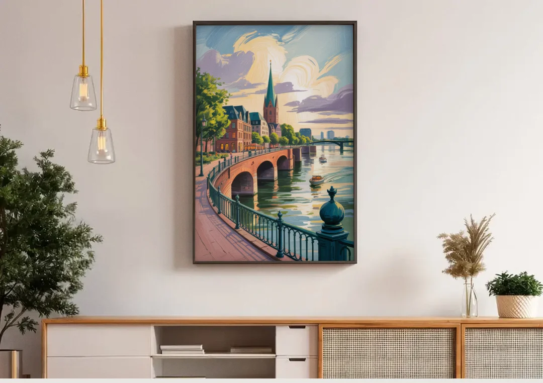 Rhine Promenade canvas wall art above a wooden sideboard under pendant lights