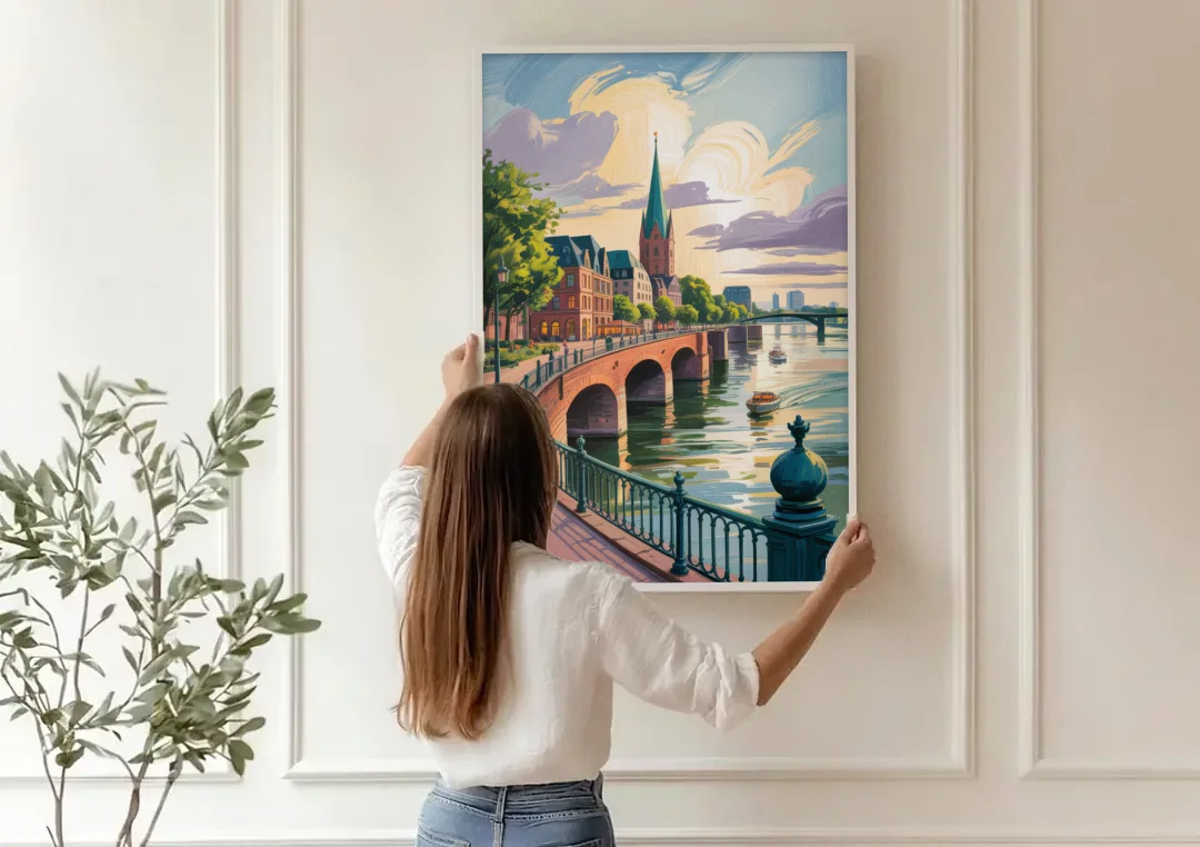 Rhine Promenade canvas wall art being hung on a paneled wall