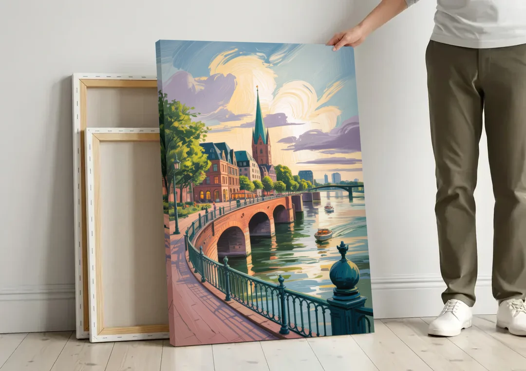 Rhine Promenade canvas wall art leaning against a wall next to blank canvases