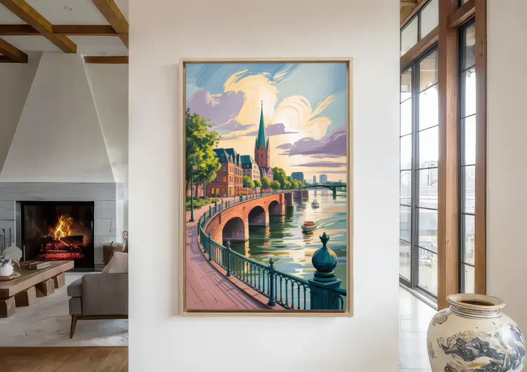 Rhine Promenade canvas wall art in a living room with a fireplace