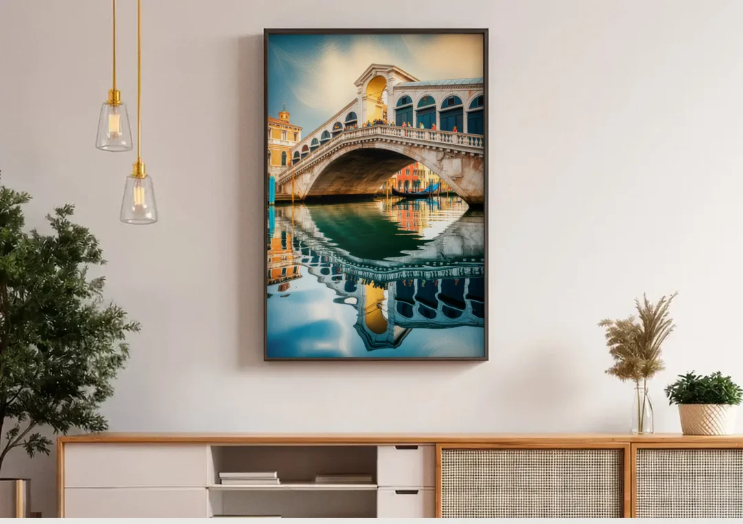 Rialto Bridge Reflections canvas wall art above a wooden sideboard under pendant lights