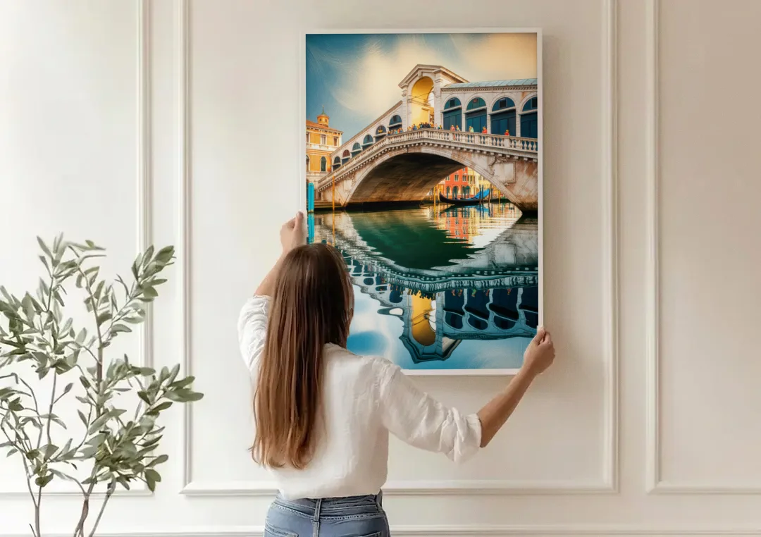 Rialto Bridge Reflections canvas wall art being hung on a paneled wall