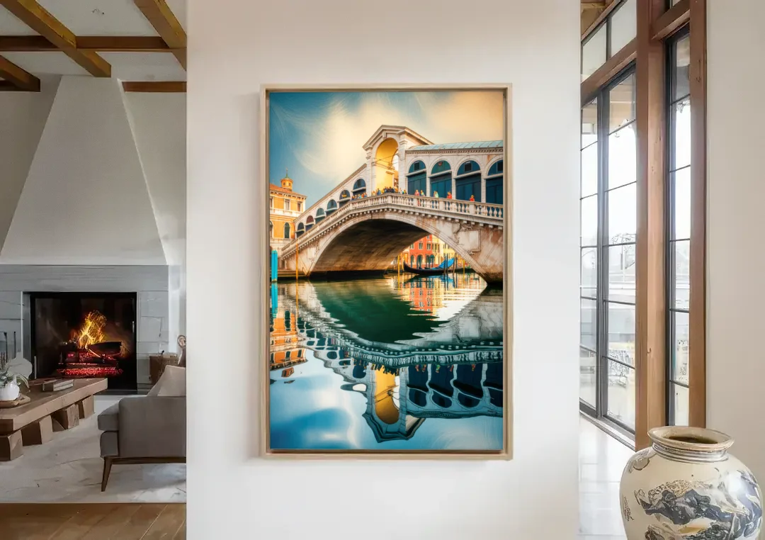 Rialto Bridge Reflections canvas wall art in a living room with a fireplace