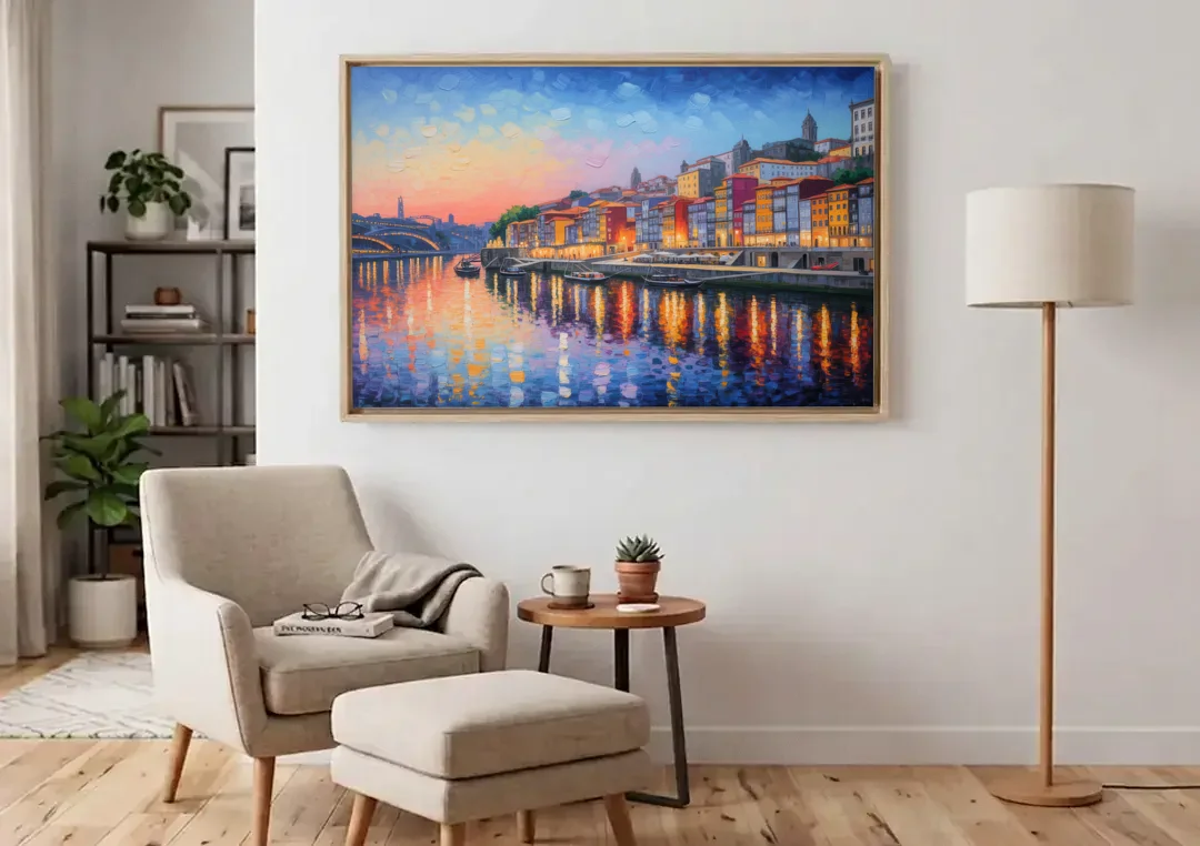 Ribeira Reflections canvas wall art above an armchair in a bright living room