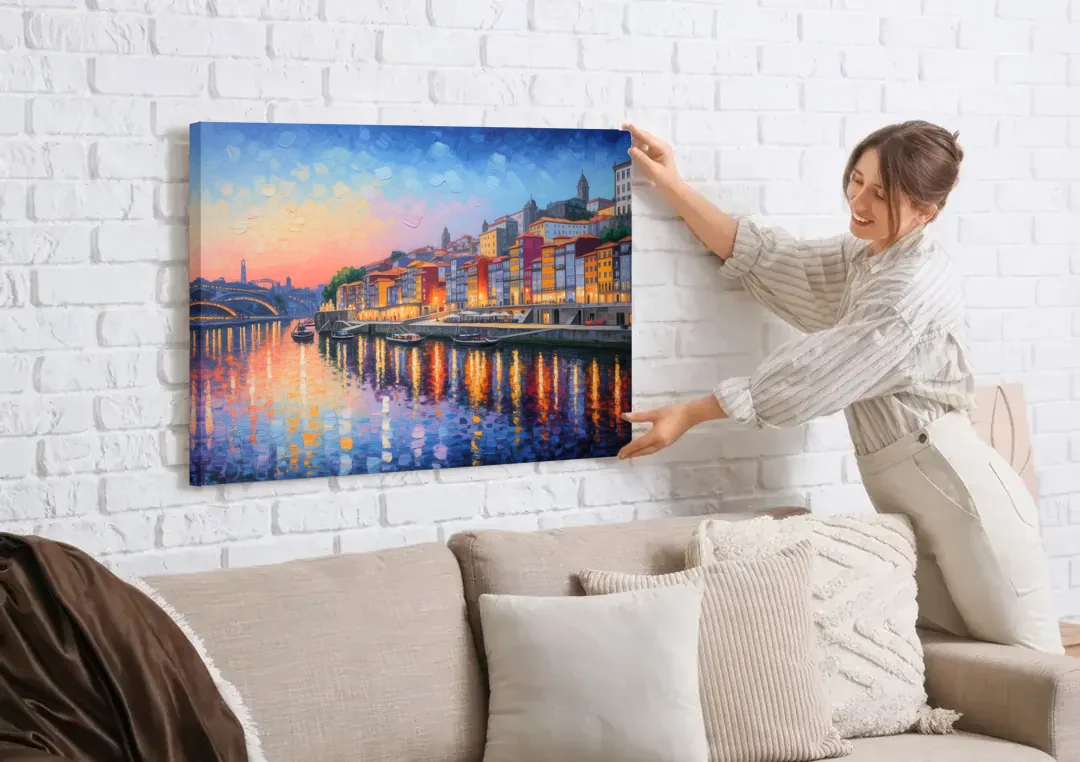 Ribeira Reflections canvas wall art being hung on a white brick wall above a sofa