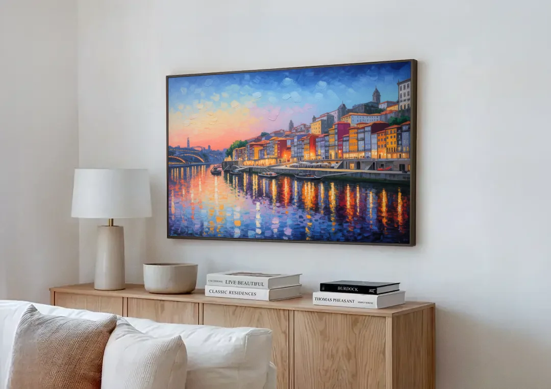 Ribeira Reflections canvas wall art above a wooden sideboard next to a sofa