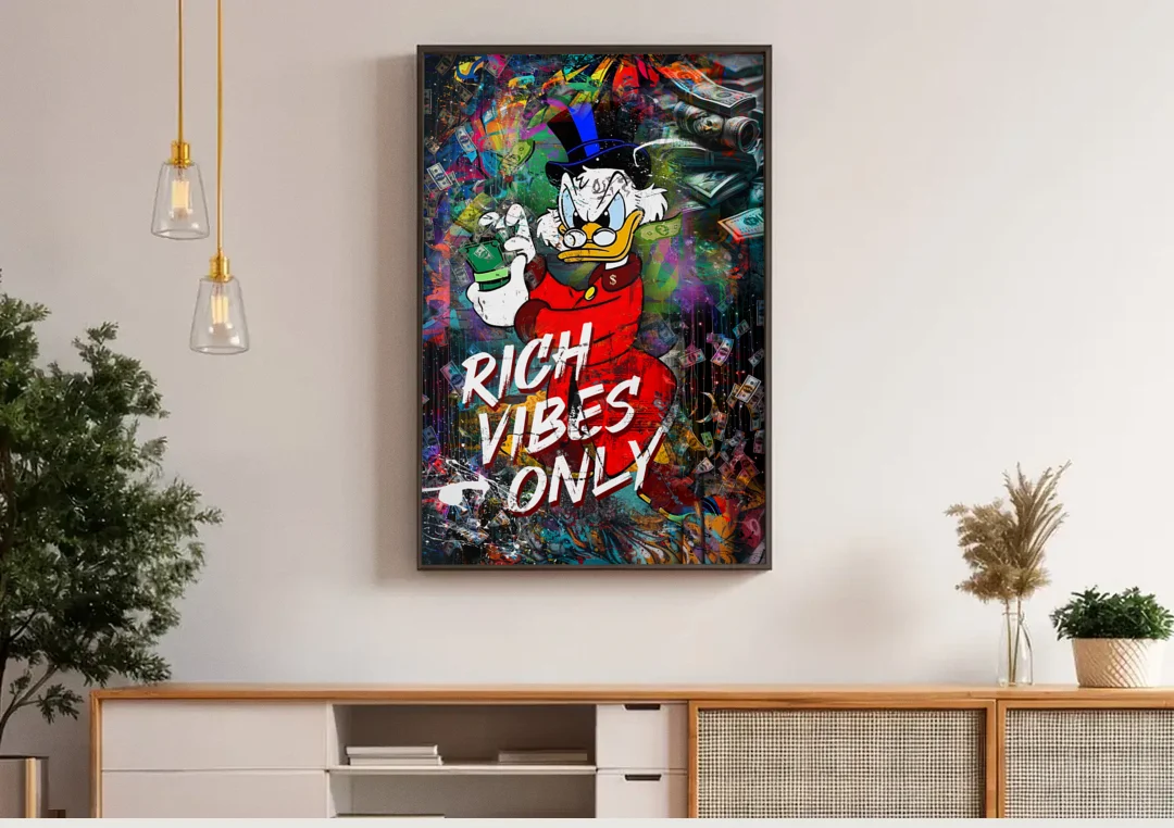 Rich Vibes Only canvas wall art above a wooden sideboard under pendant lights
