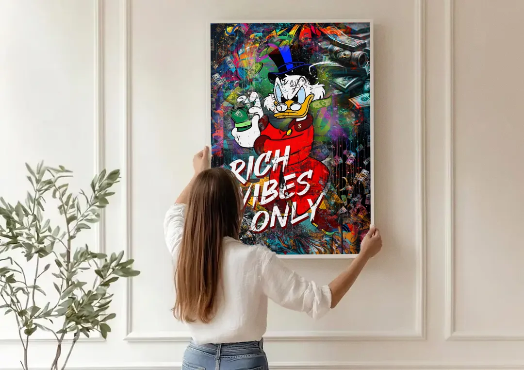 Rich Vibes Only canvas wall art being hung on a paneled wall