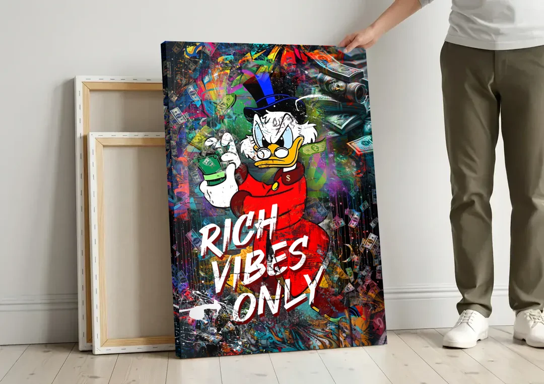 Rich Vibes Only canvas wall art leaning against a wall next to blank canvases