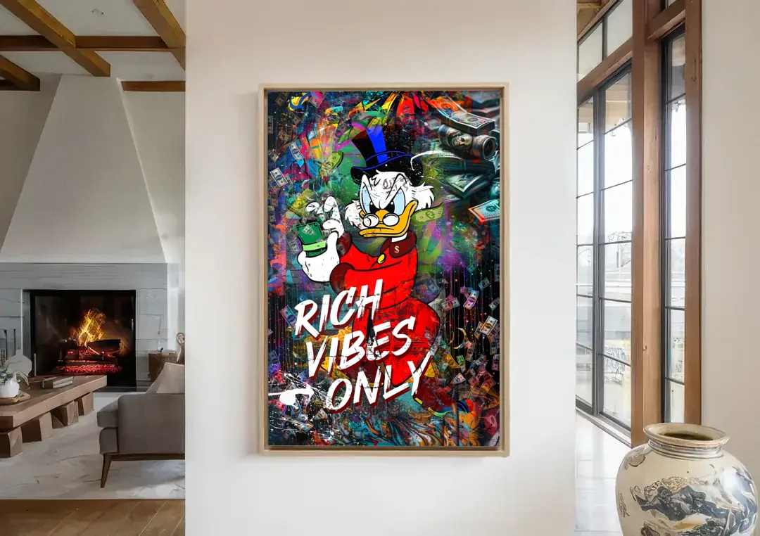 Rich Vibes Only canvas wall art in a living room with a fireplace