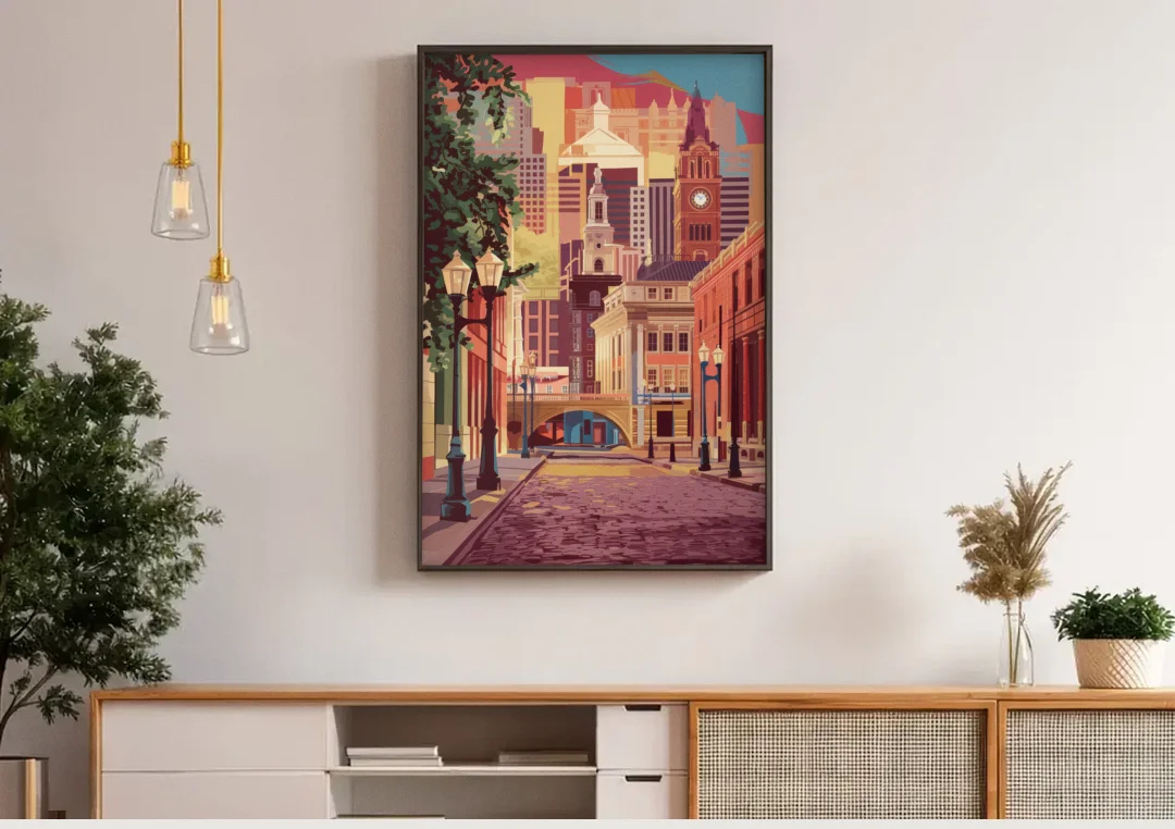 Richmond Historic District canvas wall art above a wooden sideboard under pendant lights