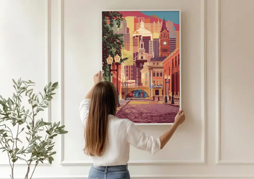 Richmond Historic District canvas wall art being hung on a paneled wall