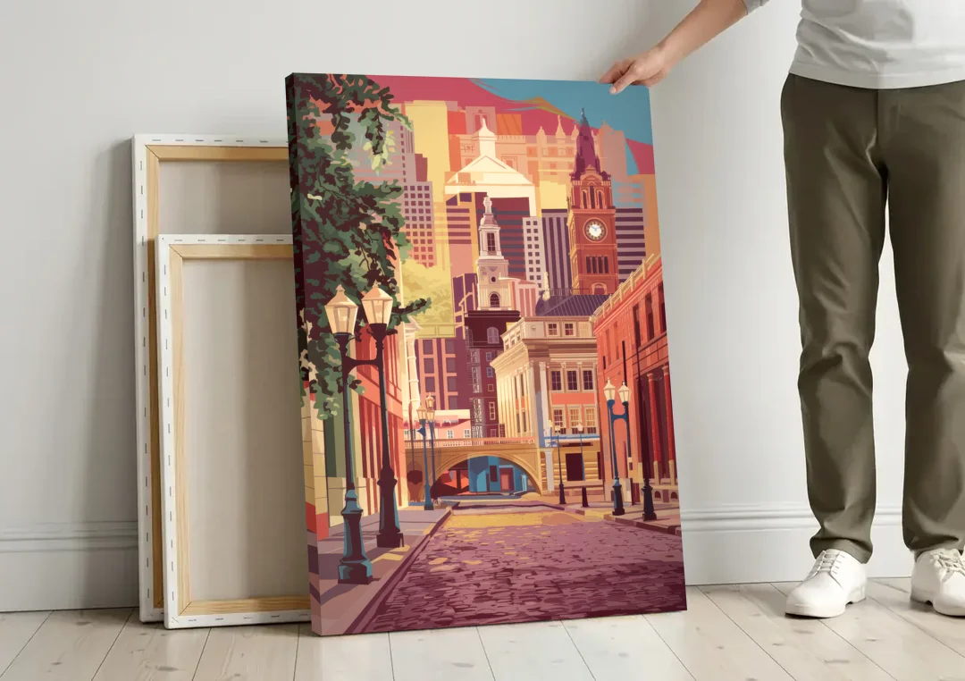 Richmond Historic District canvas wall art leaning against a wall next to blank canvases