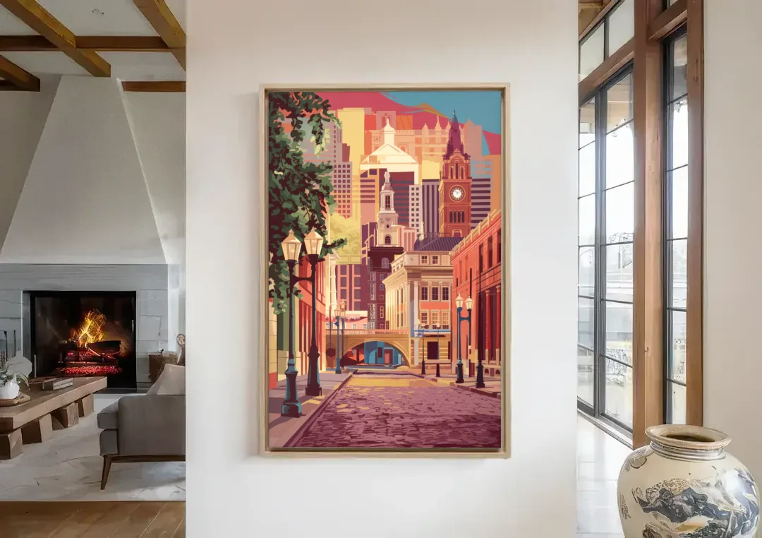 Richmond Historic District canvas wall art in a living room with a fireplace