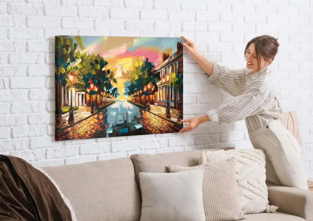 Richmond Monument Avenue canvas wall art being hung on a white brick wall above a sofa