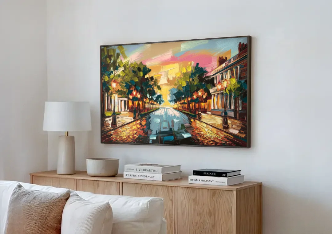 Richmond Monument Avenue canvas wall art above a wooden sideboard next to a sofa
