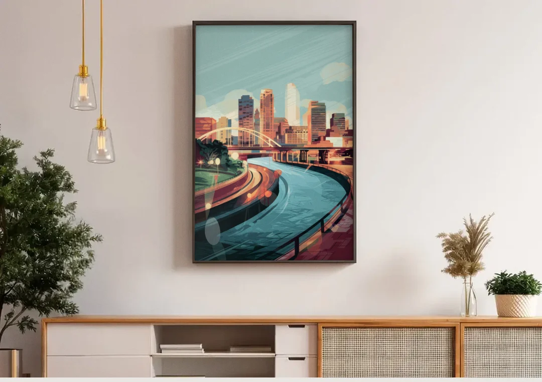 Richmond Riverfront Views canvas wall art above a wooden sideboard under pendant lights