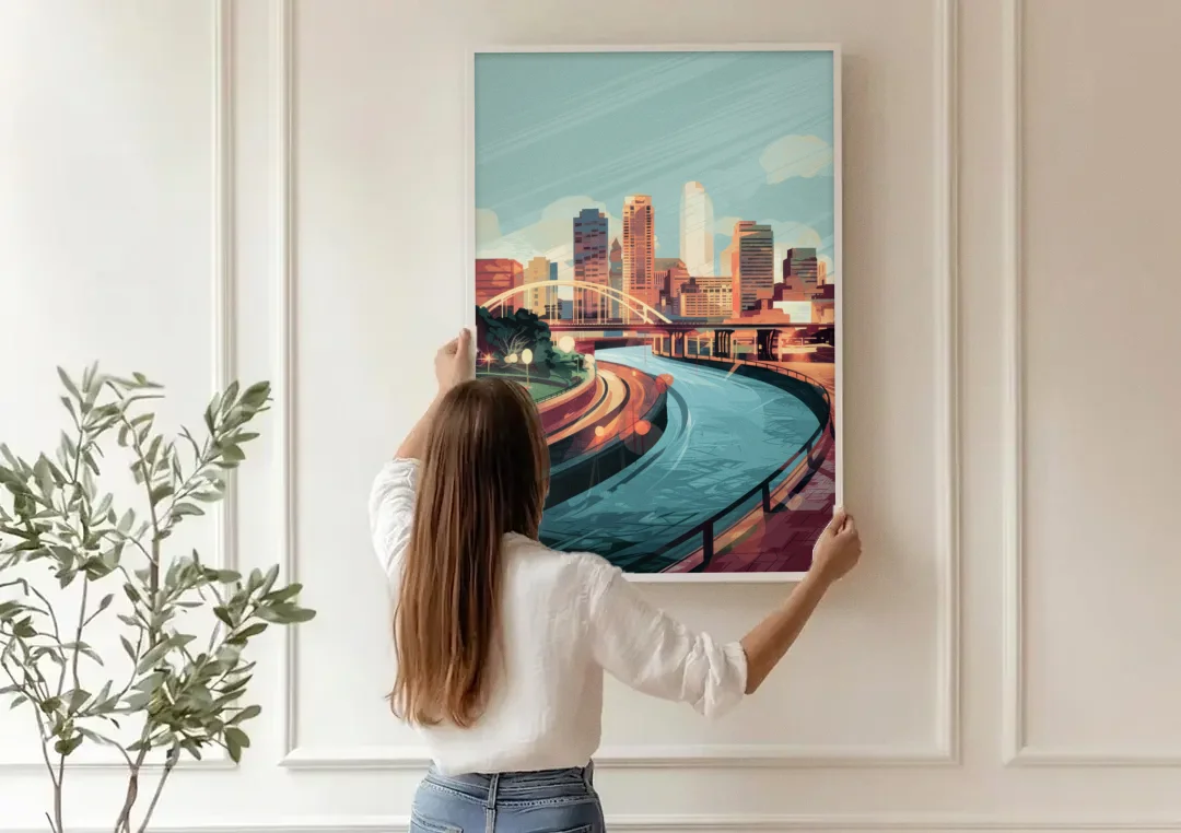 Richmond Riverfront Views canvas wall art being hung on a paneled wall