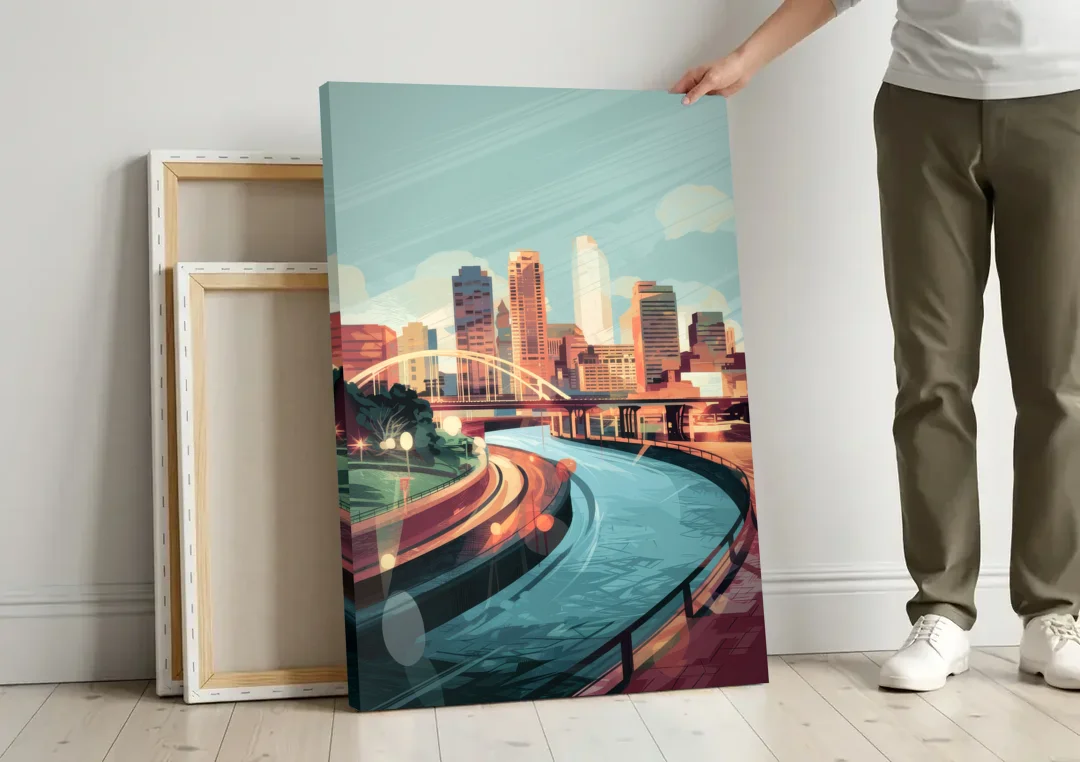 Richmond Riverfront Views canvas wall art leaning against a wall next to blank canvases