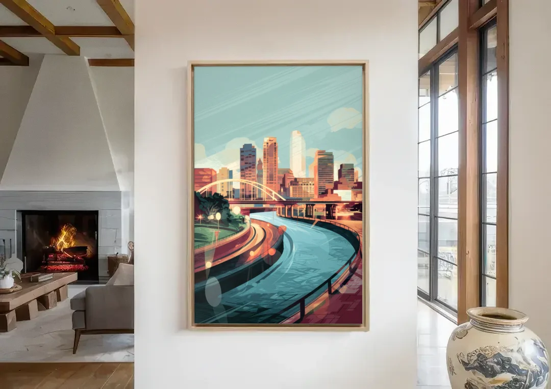 Richmond Riverfront Views canvas wall art in a living room with a fireplace