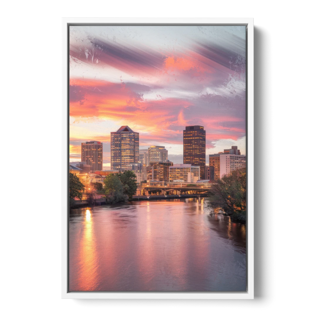 Richmond Skyline Sunset - White Framed Canvas Wall Art - Front