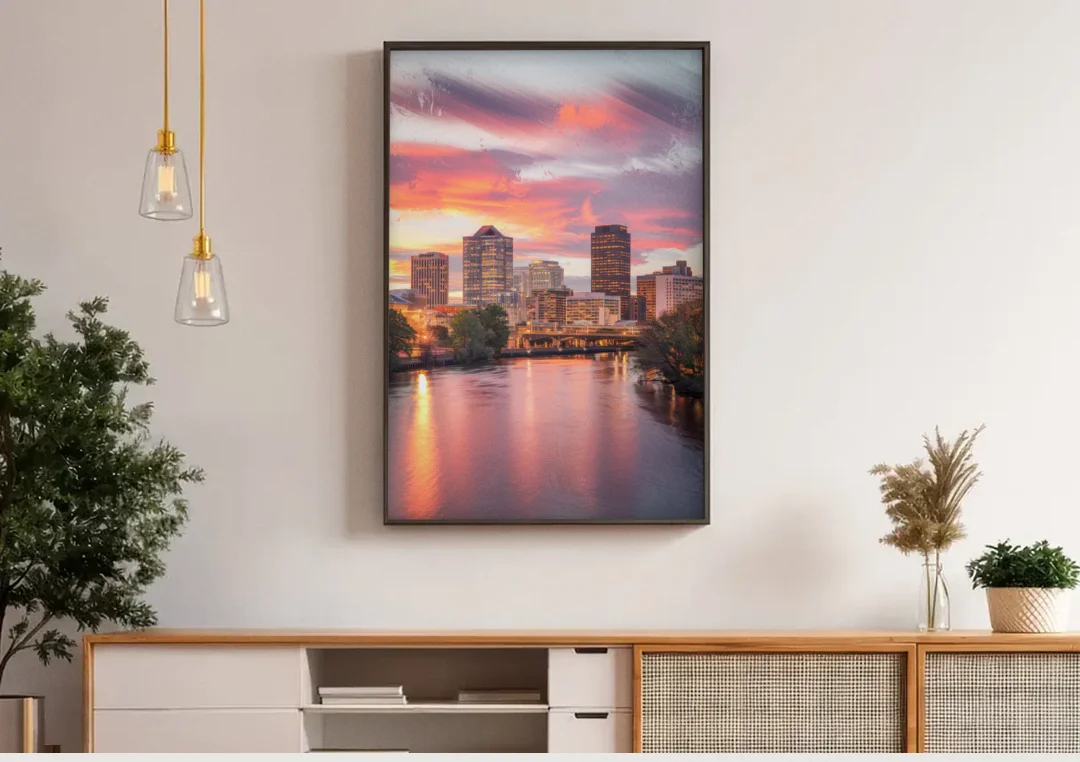Richmond Skyline Sunset canvas wall art above a wooden sideboard under pendant lights