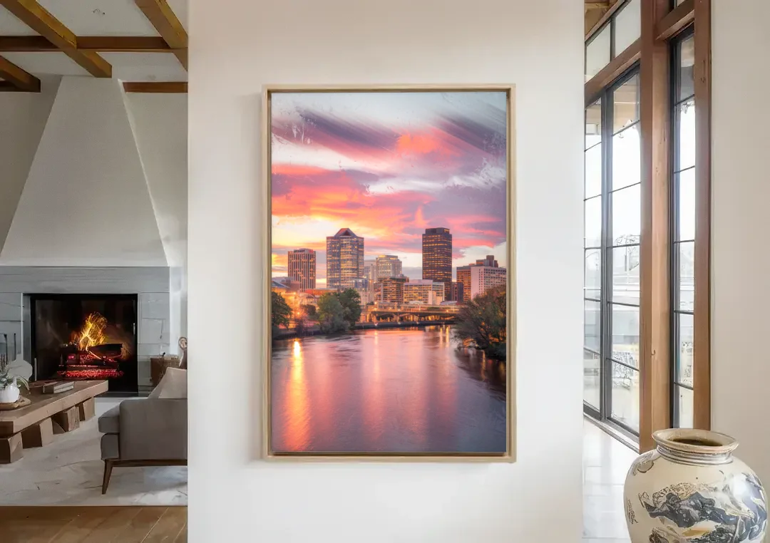 Richmond Skyline Sunset canvas wall art in a living room with a fireplace