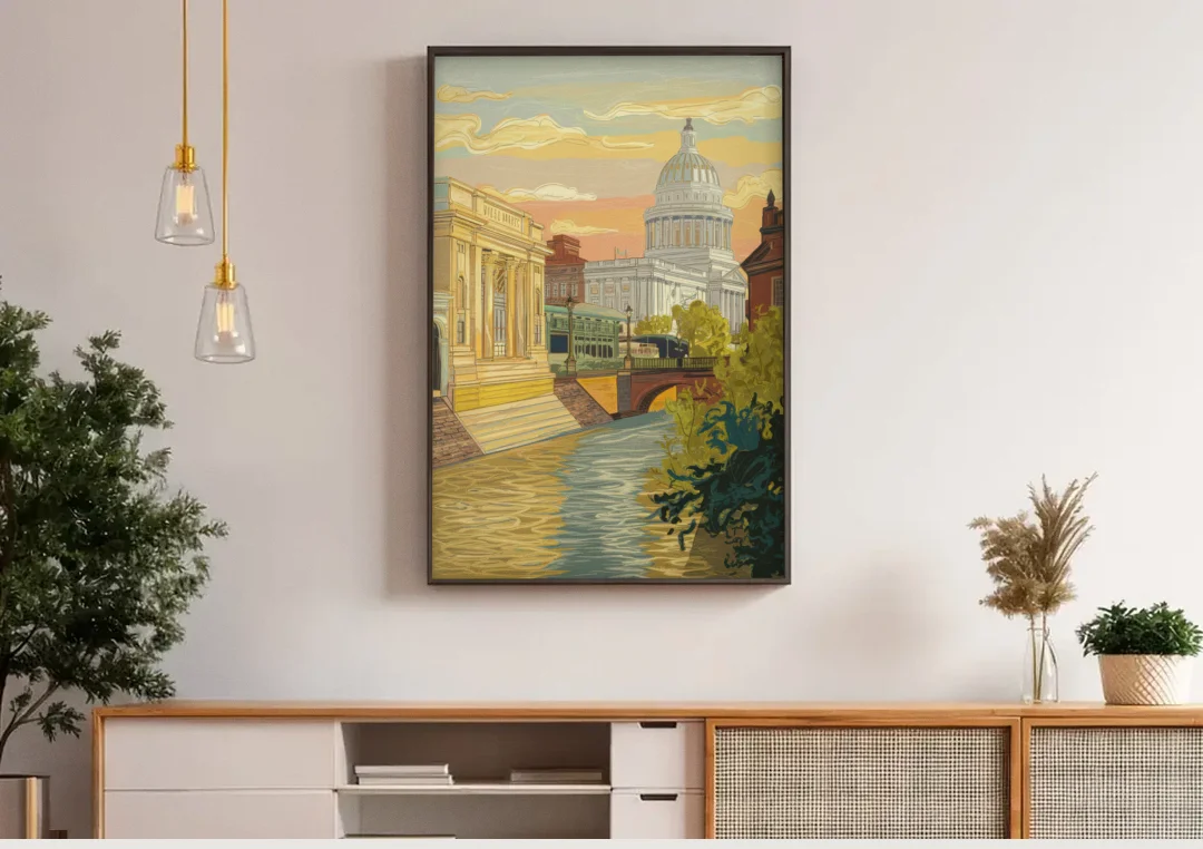 Richmond Urban Landmarks canvas wall art above a wooden sideboard under pendant lights