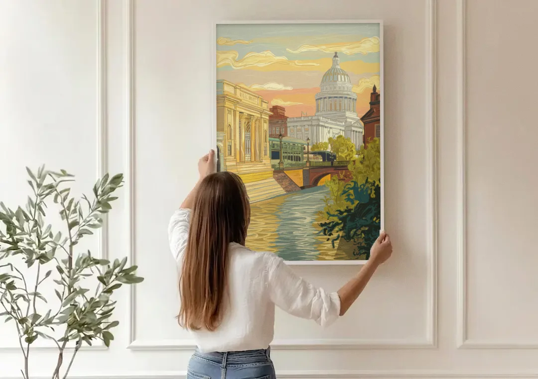 Richmond Urban Landmarks canvas wall art being hung on a paneled wall