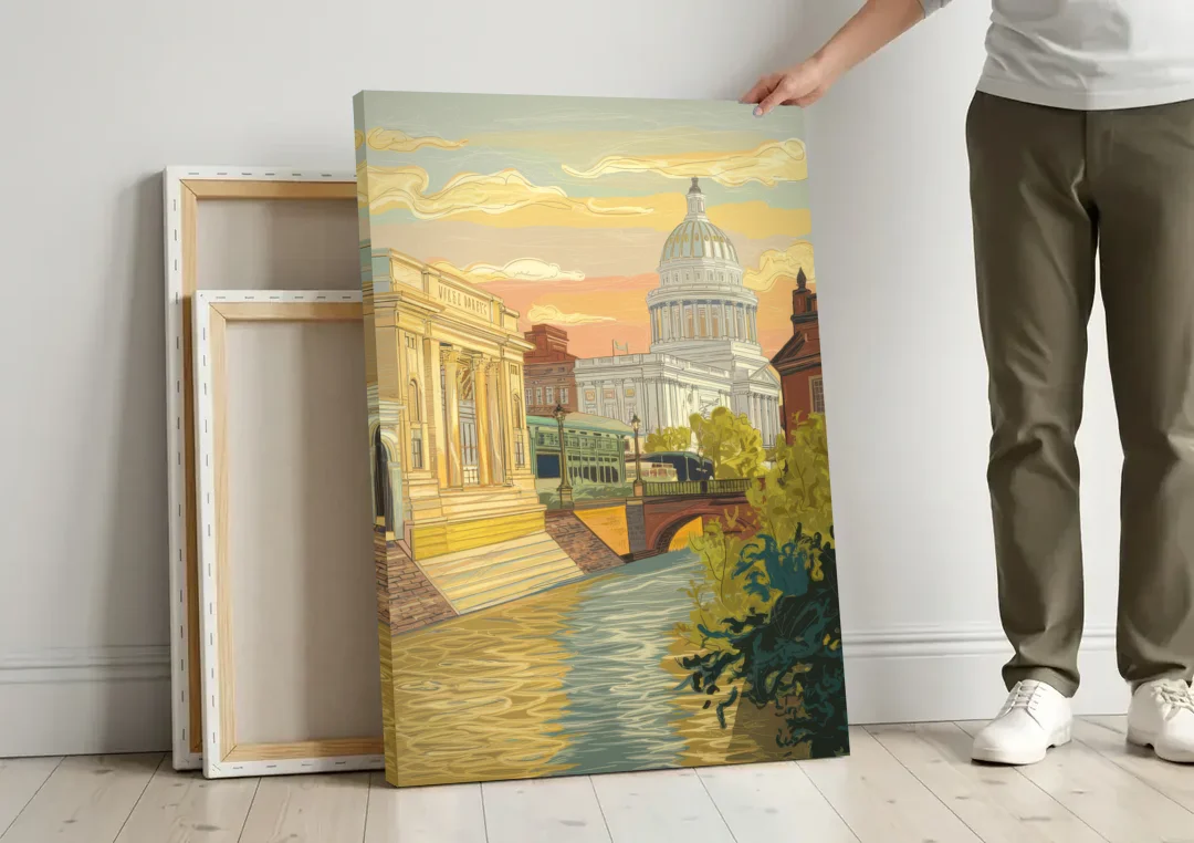 Richmond Urban Landmarks canvas wall art leaning against a wall next to blank canvases