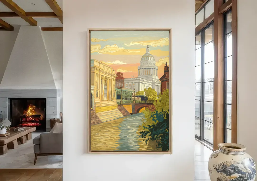 Richmond Urban Landmarks canvas wall art in a living room with a fireplace