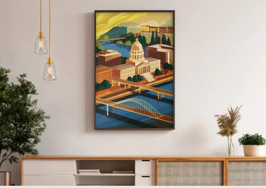 Richmond Virginia Capitals canvas wall art above a wooden sideboard under pendant lights