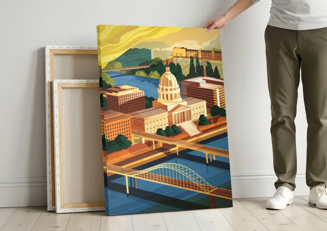 Richmond Virginia Capitals canvas wall art leaning against a wall next to blank canvases