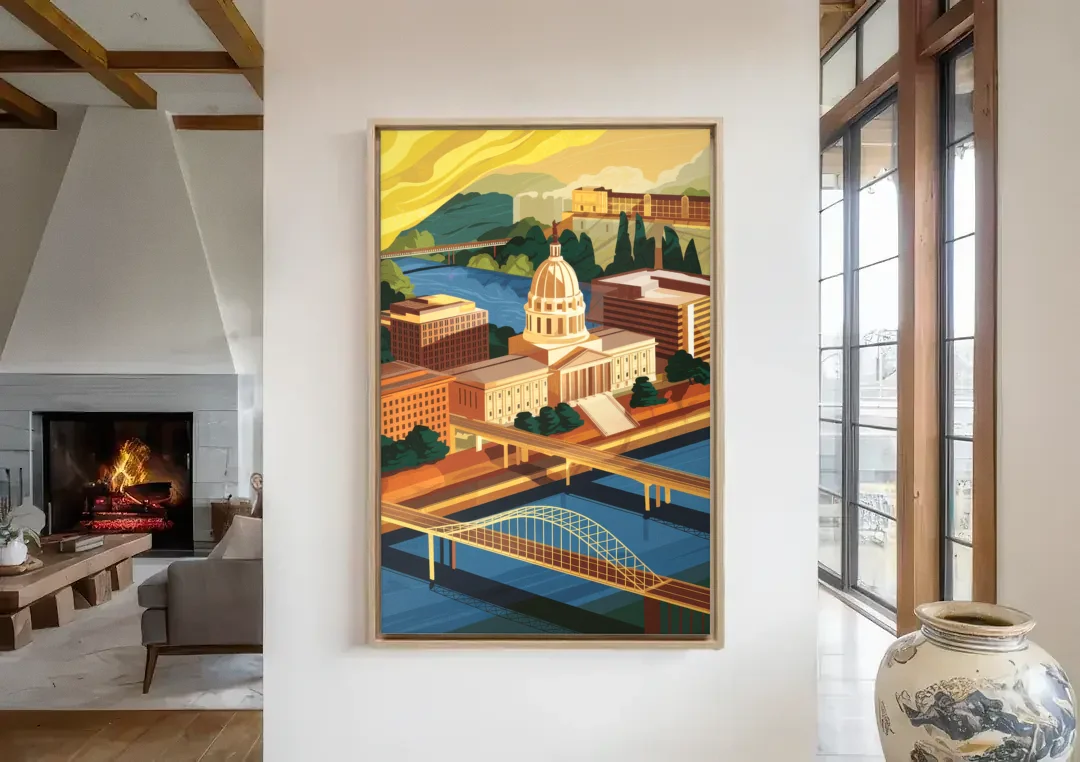 Richmond Virginia Capitals canvas wall art in a living room with a fireplace