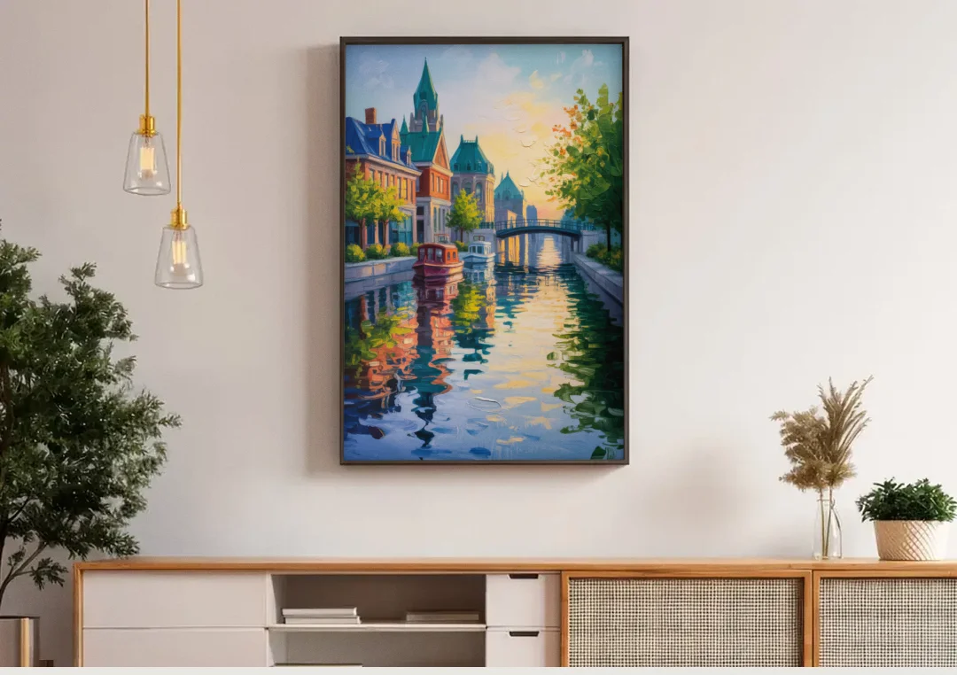 Rideau Canal Reflections canvas wall art above a wooden sideboard under pendant lights