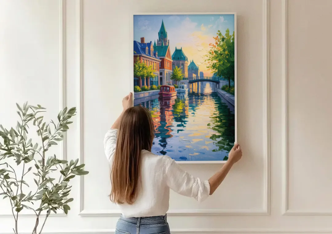 Rideau Canal Reflections canvas wall art being hung on a paneled wall