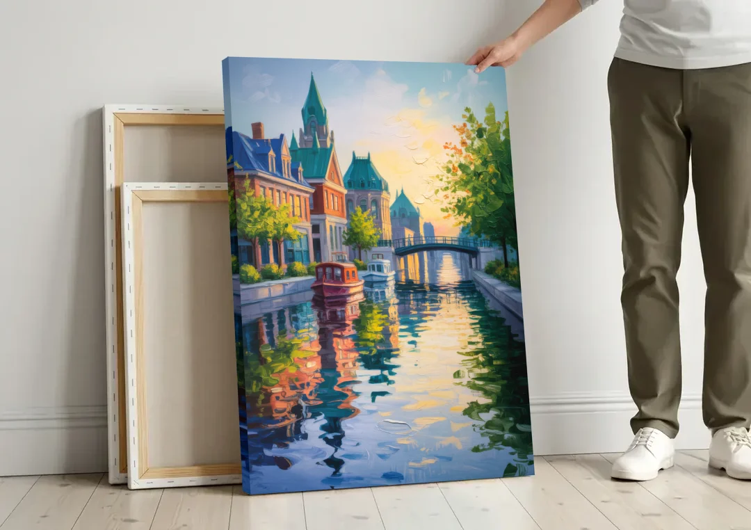 Rideau Canal Reflections canvas wall art leaning against a wall next to blank canvases