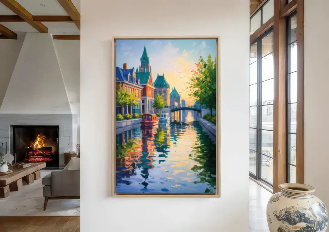 Rideau Canal Reflections canvas wall art in a living room with a fireplace