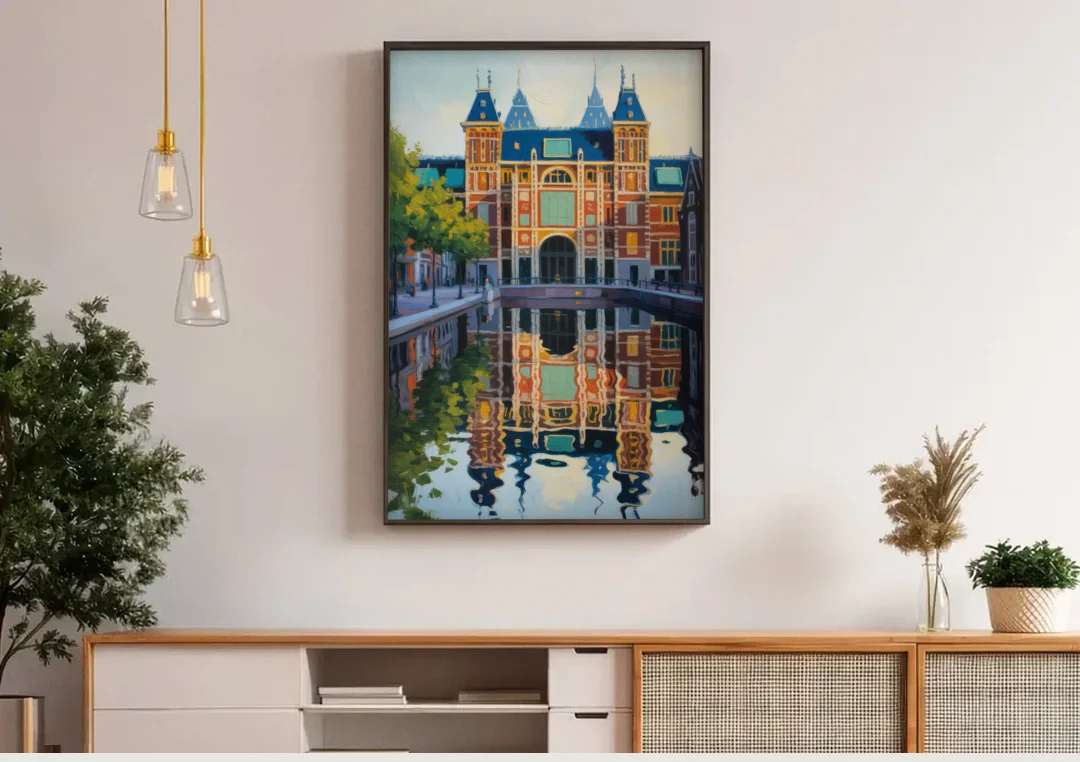 Rijksmuseum Reflections canvas wall art above a wooden sideboard under pendant lights