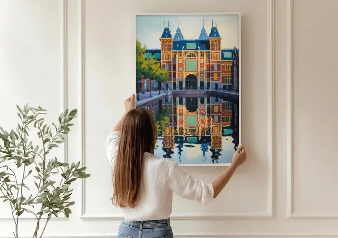 Rijksmuseum Reflections canvas wall art being hung on a paneled wall