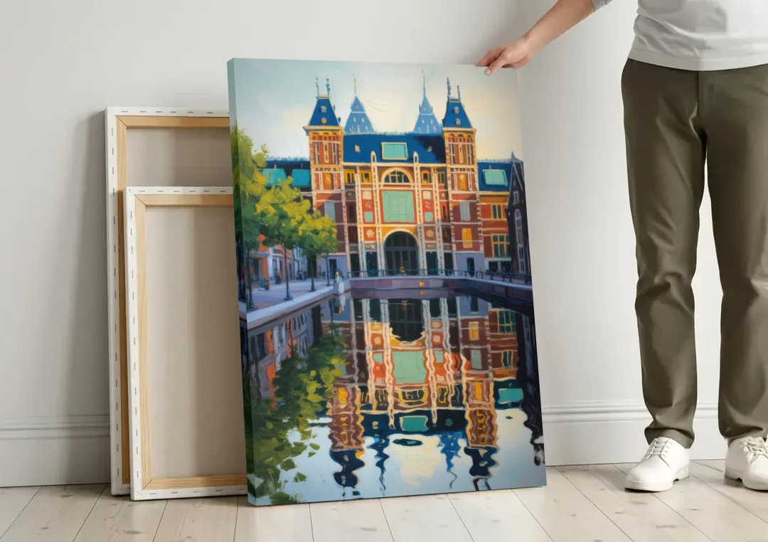 Rijksmuseum Reflections canvas wall art leaning against a wall next to blank canvases