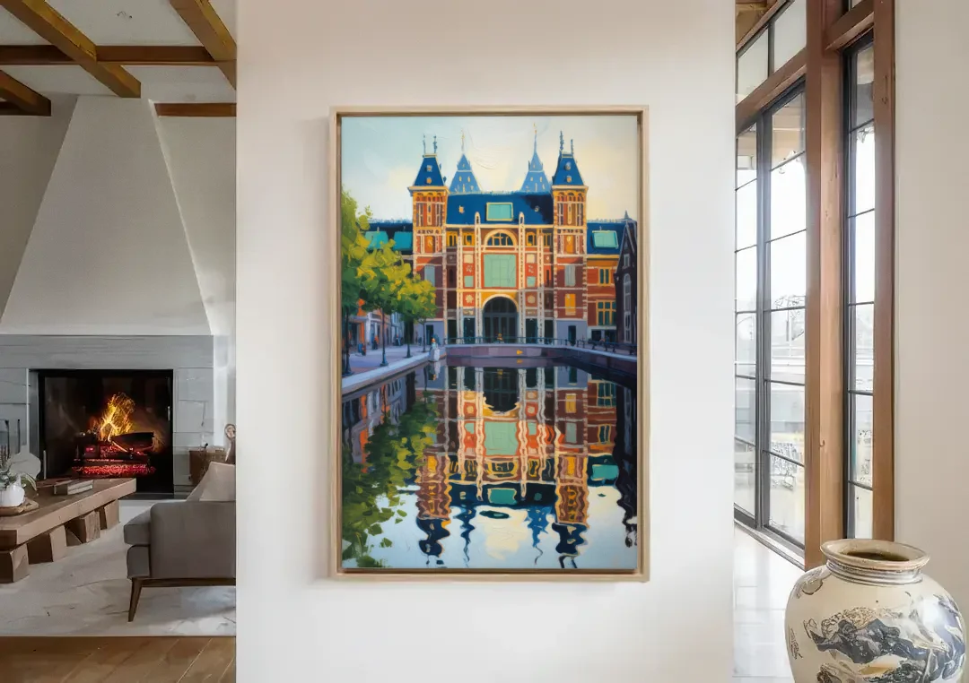Rijksmuseum Reflections canvas wall art in a living room with a fireplace