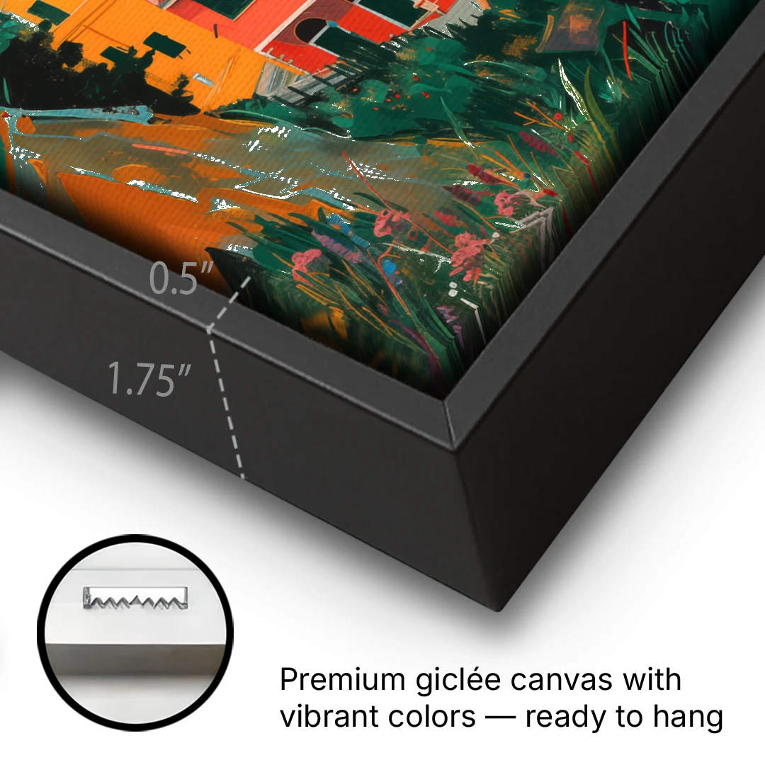 Riomaggiore Painting Above the Sea - Black Framed Canvas Wall Art - Gallery Wrap Corner