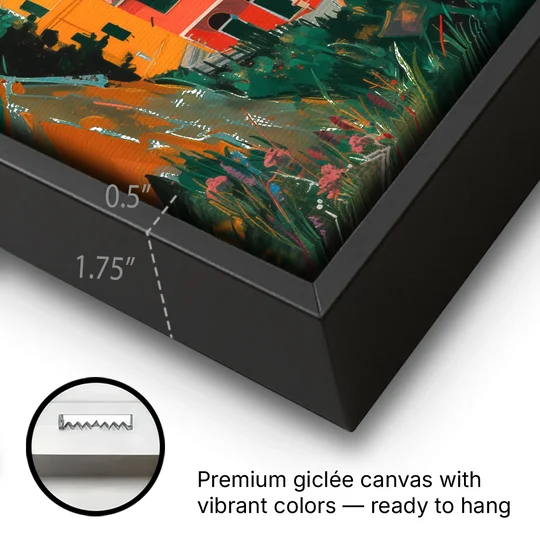 Riomaggiore Painting Above the Sea - Black Framed Canvas Wall Art - Gallery Wrap Corner