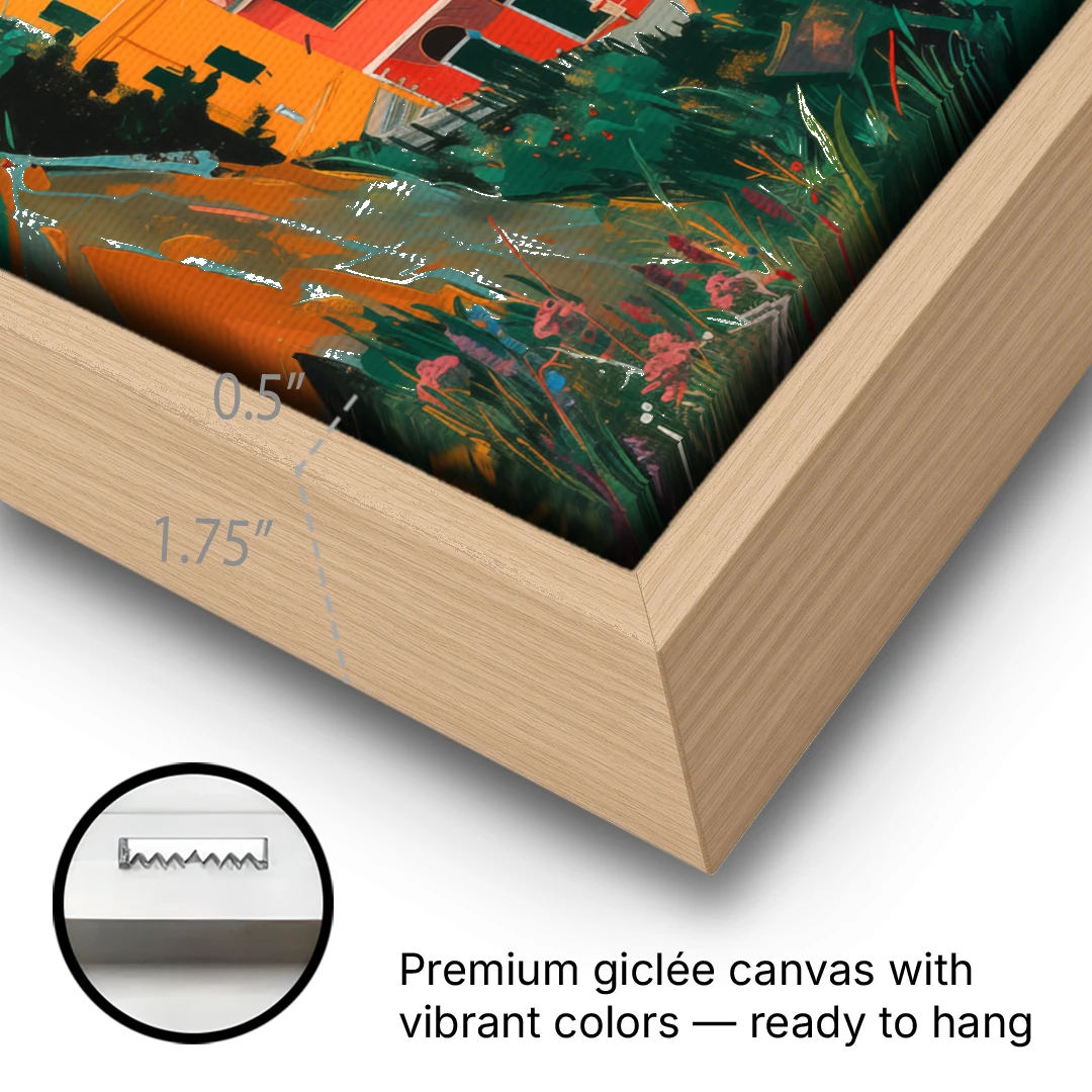 Riomaggiore Painting Above the Sea - Oak Framed Canvas Wall Art - Gallery Wrap Corner